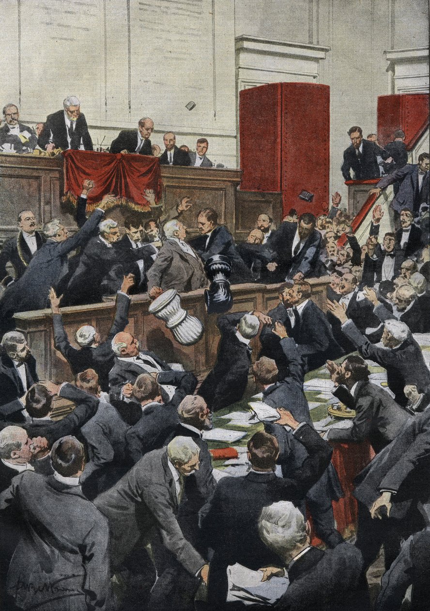 En stormfull sitting i det italienske representantskapet under en budsjettdebatt. MP Chiesa suspenderer avstemningen ved å kaste stemmeurnen. “La Domenica del Corriere” av Achille Beltrame