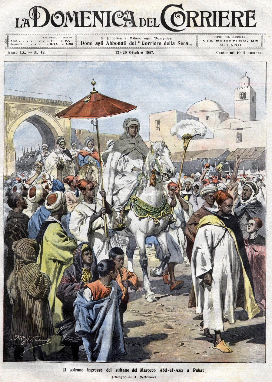 Abdelaziz (Al-Hassan Muhammed Al-Hasani Al-Alawi) Koblingen i Marokko ble utvist i oktober 1907 (Marrakesh) av Achille Beltrame