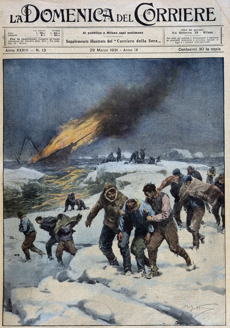Etter eksplosjonen av hvalfangeren "Viking", den tragiske marsjen til mannskapet på jakt etter redning: denne båten (på bunnen i flamme) bar en kinoekspedisjon - dess. av A. Beltrame i "" la Domenica del Corriere""" av 29.03.1931 av Achille Beltrame