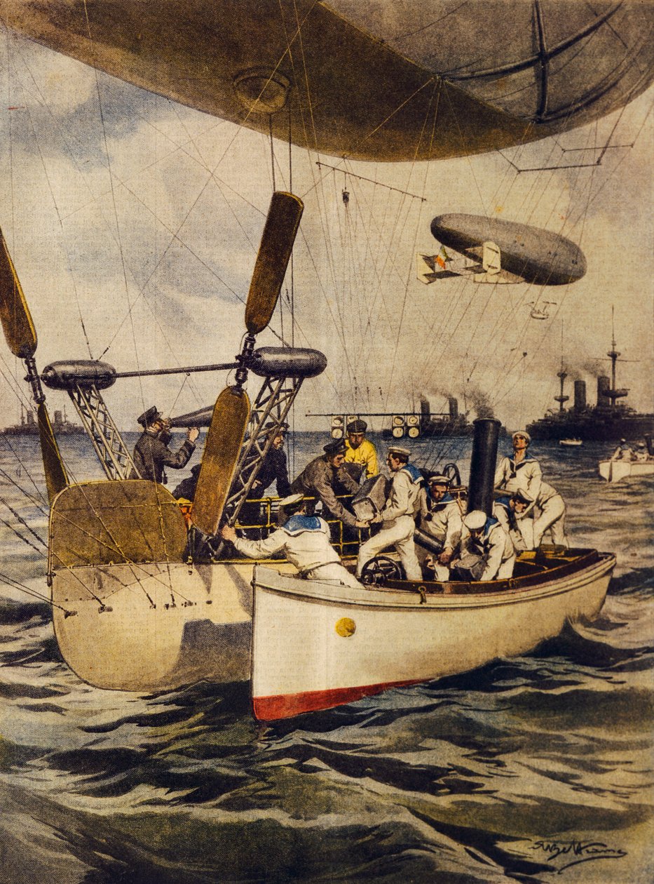 Luftskip som forsyner slagskip under reisen, av Achille Beltrame, illustrasjon, Illustrator Achille Beltrame (1871-1945), fra La Domenica del Corriere, 5. mai 1910 av Achille Beltrame