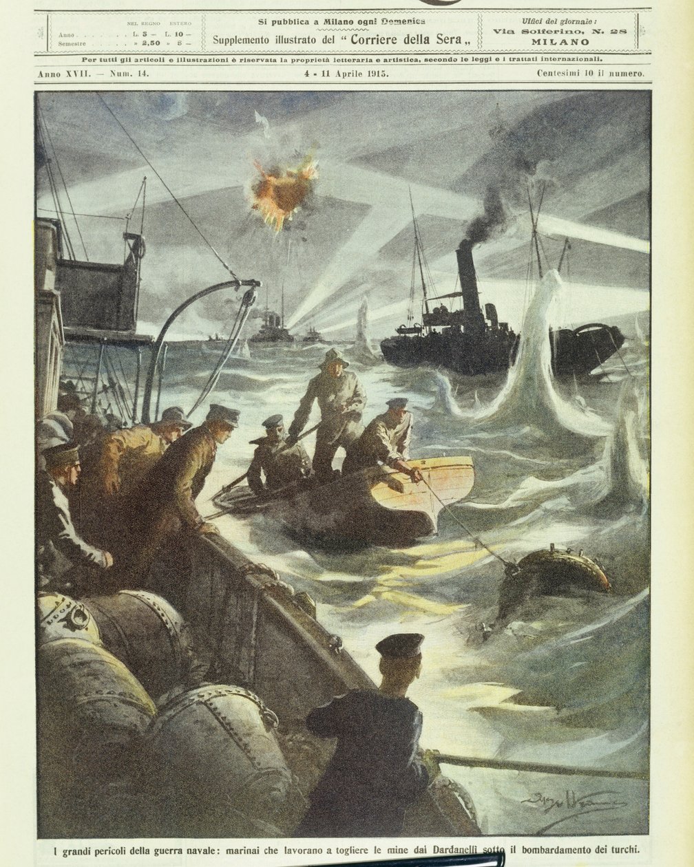 Sjømenn fra allierte styrker forsøkte å uskadeliggjøre miner under tyrkisk artilleriild under første verdenskrig 1914-1918 (litografi) av Achille Beltrame