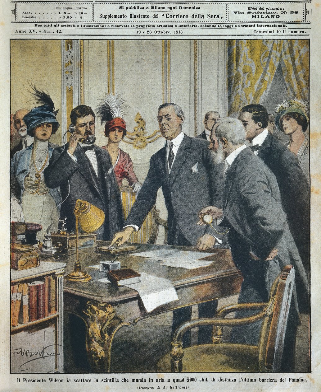 Den amerikanske presidenten Woodrow Wilson setter i gang telegrafisk detonasjon som rev den siste barrieren til Panamakanalen 6000 kilometer unna, av Achille Beltrame (1871-1945), fra La Domenica del Corriere av Achille Beltrame