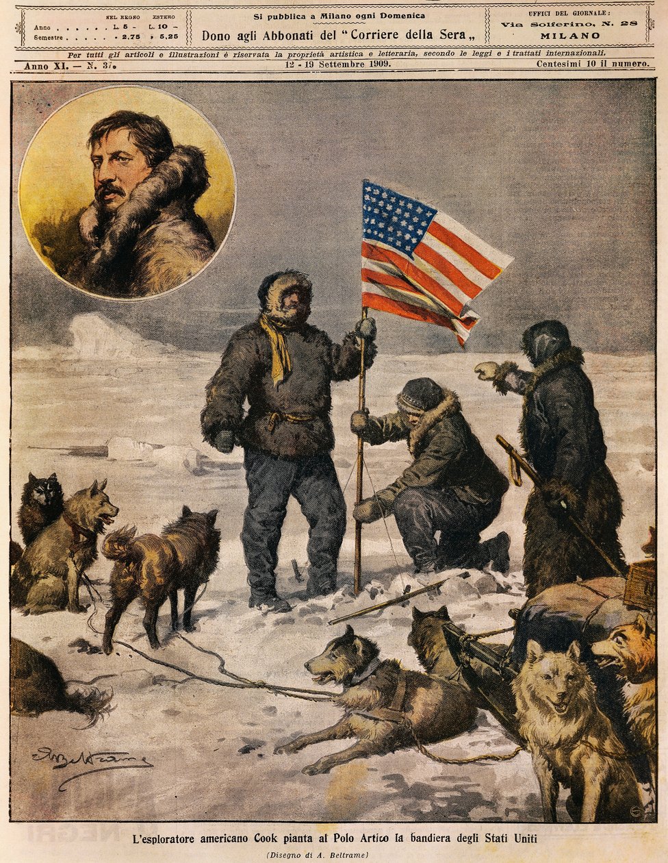 Den amerikanske oppdageren Cook planter USAs flagg på Nordpolen, illustrasjon av Achille Beltrame (1871-1945), fra La Domenica del Corriere, 12. september av Achille Beltrame