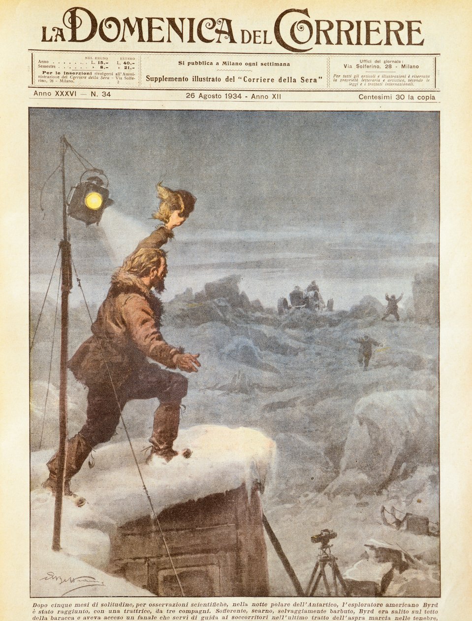Amerikansk oppdagelsesreisende, Richard E Byrd, får selskap av ledsagere i Antarktis etter å ha vært alene i fem måneder, av Achille Beltrame, illustrasjon, illustratør Achille Beltrame (1871-1945), fra La Domenica del Corriere, 26. august 1934 av Achille Beltrame