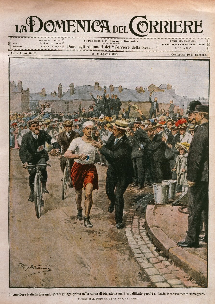 Ankomst av Dorando Pietri (1885-1942) i maraton, London-OL, illustrasjon av Achille Beltrame fra La Domenica del Corriere, 2.-9. august av Achille Beltrame