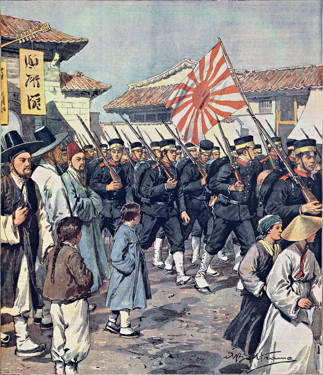 Ankomst av japanske tropper til Korea, av Achille Beltrame (1871-1945), illustrasjon fra La Domenica del Corriere, 21. februar av Achille Beltrame