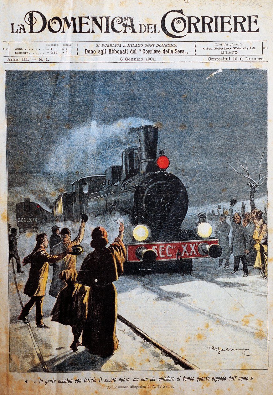 Det nye århundrets ankomst, folk som tar imot det nye århundret med glede, illustrasjon av Achille Beltrame (1871-1945), fra La Domenica del Corriere, 6. januar av Achille Beltrame