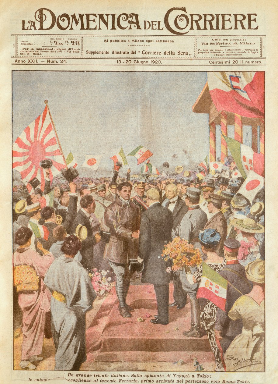 Arturo Ferrarin, langdistanseflyer som ble ønsket velkommen i Tokyo som den første som ankom ruten Roma-Tokyo, av Achille Beltrame, illustrasjon, illustratør Achille Beltrame (1871-1945), fra La Domenica del Corriere av Achille Beltrame