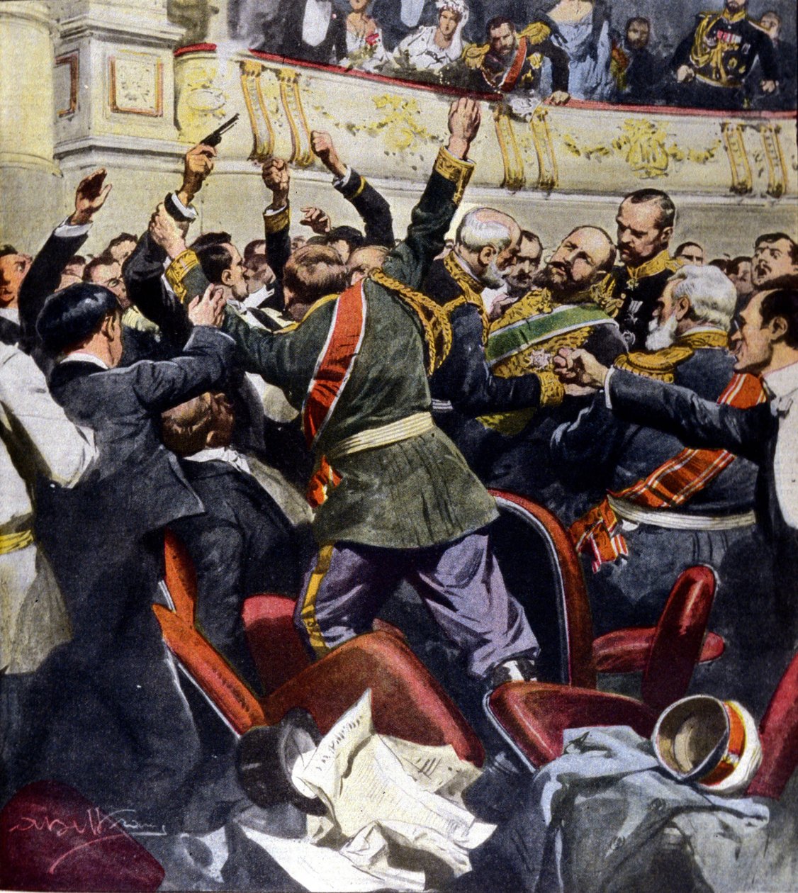 Angrep mot den russiske ministeren Stolypin i det kommunale teateret i Kiev. Illustrasjon av Beltrame av Achille Beltrame