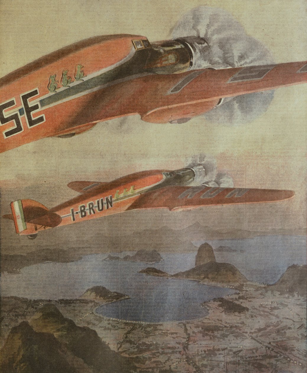 Attilio Biseo og Bruno Mussolinis transatlantiske flytur Italia-Brasil, av Achille Beltrame, illustrasjon, illustratør Achille Beltrame (1871-1945), fra La Domenica del Corriere, 6. februar 1938 av Achille Beltrame