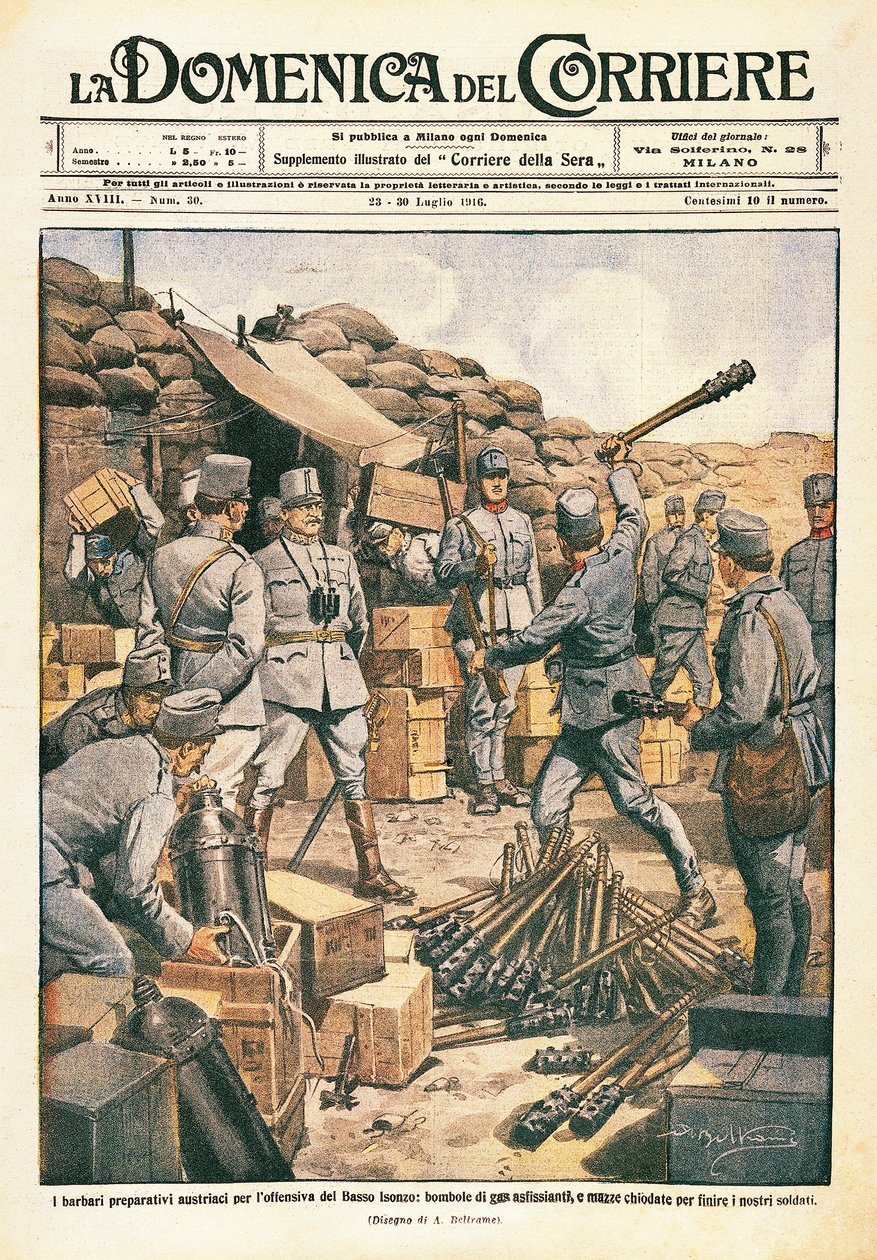 Østerrikske barbarer forbereder seg til offensiven på Nedre Isonzo, illustrasjon fra La Domenica del Corriere, 23. juli av Achille Beltrame