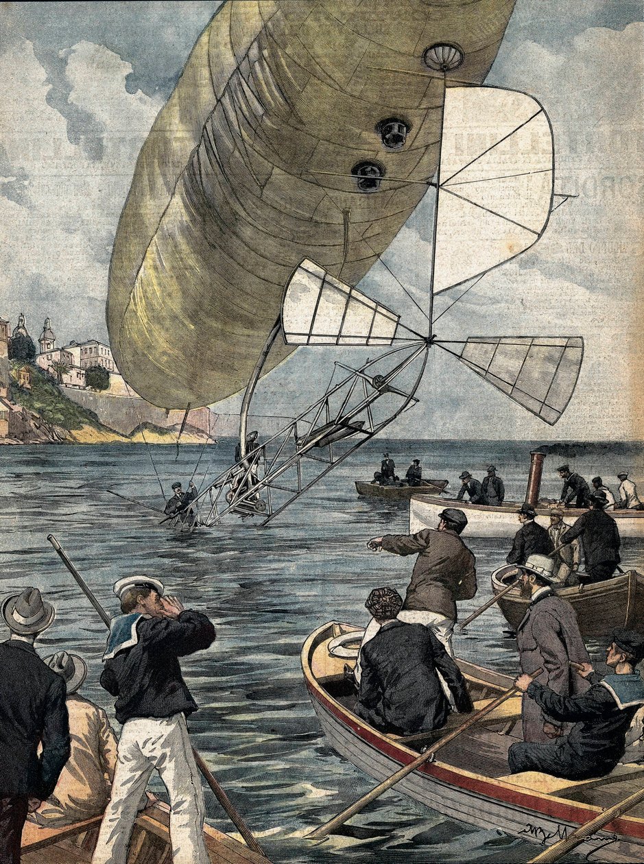 BELTRAME, Achilles (1871-1945). BELTRAME, Achilles (1871-1945); SANTOS DUMONT, Alberto (1873-1932). Brasiliansk luftfartspioner. Alberto Santos Dumonts dirigible faller i havet før kasinoet i Monte Carlo. Bilde av Achille Beltrame for "" La av Achille Beltrame