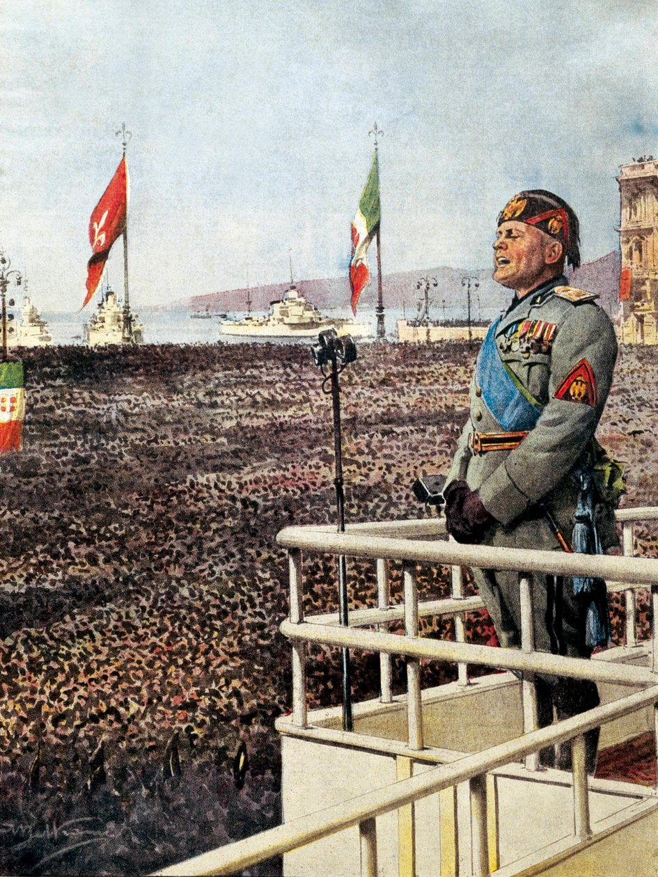 BELTRAME, Achilles (1871-1945). MUSSOLINI, Benito (1883-1945). Italiensk fascistisk politiker, Italias hertug (leder) (1925-1943). The Duce snakker til folket i Trieste og verden (september 1938). Illustrasjon av Achille Beltrame for "" Domenica del Corr av Achille Beltrame