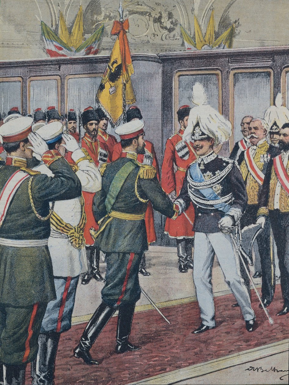 BELTRAME, Achilles (1871-1945). Victor Emmanuel III (1869-1947). konge av Italia (1900-1946); Nicholas II. Tsar av Russland (1894-1917). RUSSLAND. Tsaren tar imot kong Victoria Emmanuel III av Italia i Peterhof. A. Beltrame-illustrasjon. Domenica av C av Achille Beltrame