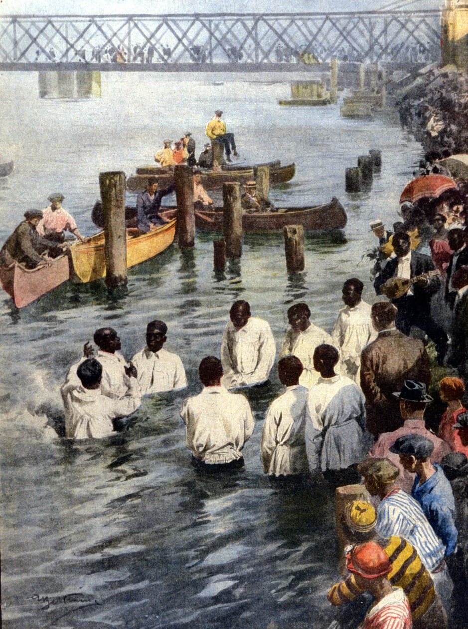 Dåpsseremoni i Cedar River i Iowa (USA) av svarte medlemmer av Church of God-sekten. ill. av A. Beltrame. La Domenica del Corriere av Achille Beltrame