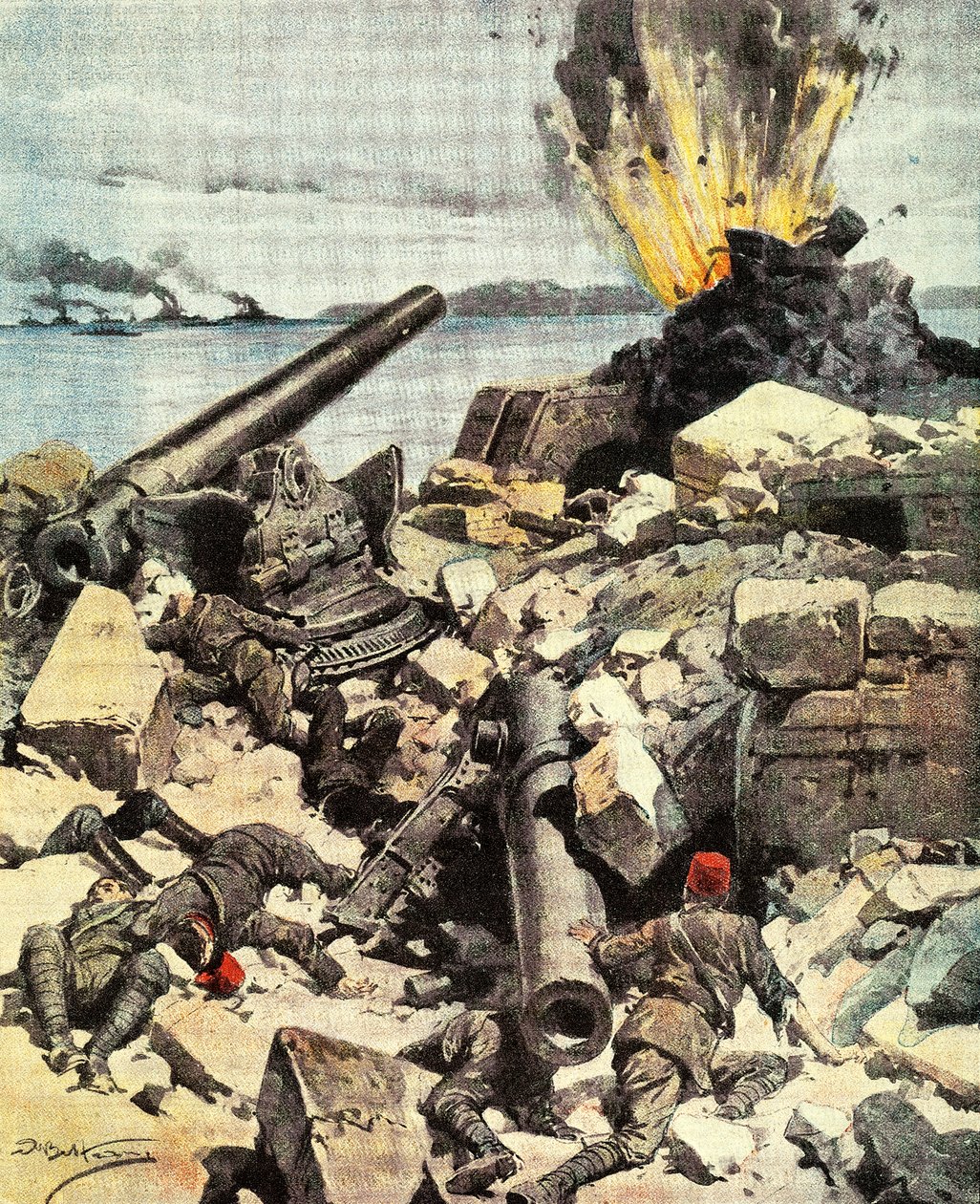 Slaget ved Dardanellene, anglo-fransk flåte ødelegger Dardanellenes fort for å bryte stredet og ankomme Konstantinopel, av Achille Beltrame (1871-1945), illustrasjon fra La Domenica del Corriere, 14.-21. mars av Achille Beltrame
