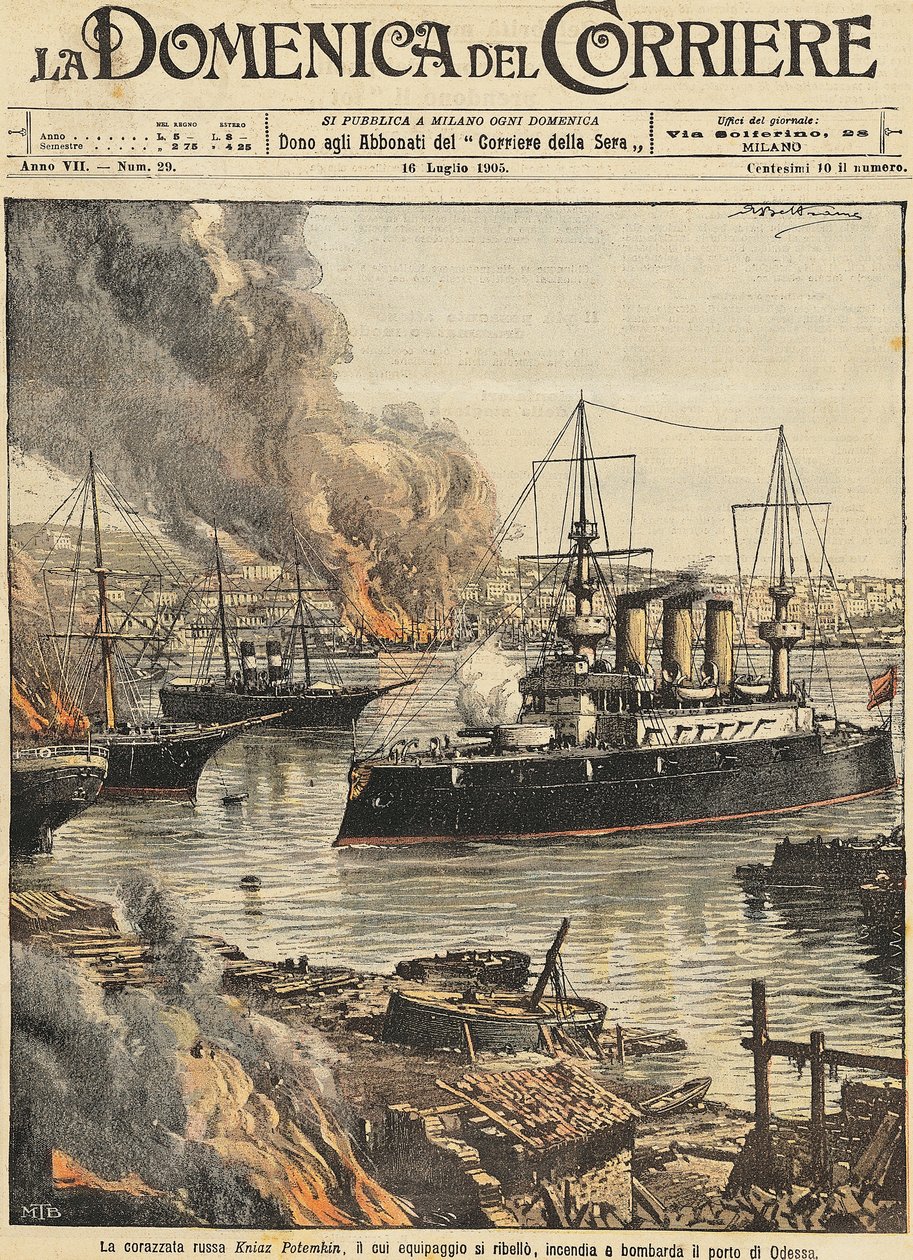 Slagskipet Potemkin bombarderer Odessa, av Achille Beltrame, illustrasjon, illustratør Achille Beltrame (1871-1945), fra La Domenica del Corriere av Achille Beltrame