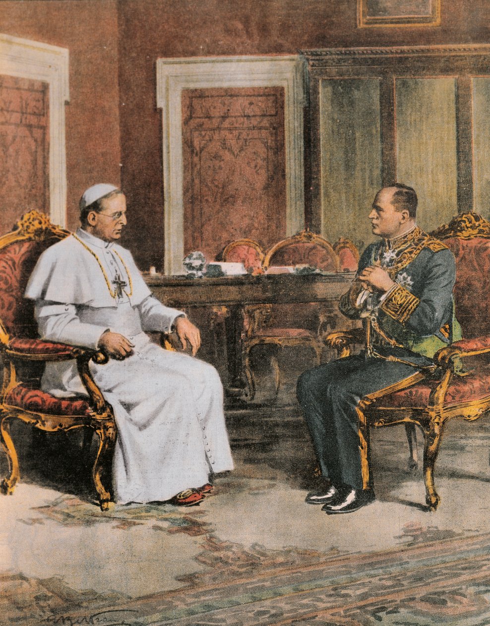 Benito Mussolini i møte med pave Pius XI 11. februar av Achille Beltrame