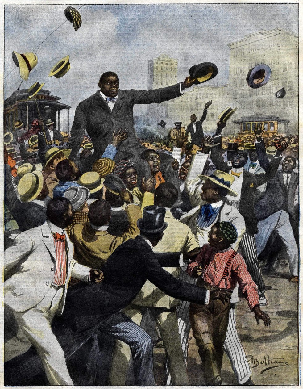 Bokseren Jack Johnson ankom Chicago i 1910. Illustrasjon av Achille Beltrame for La Domenica del Corriere””. av Achille Beltrame