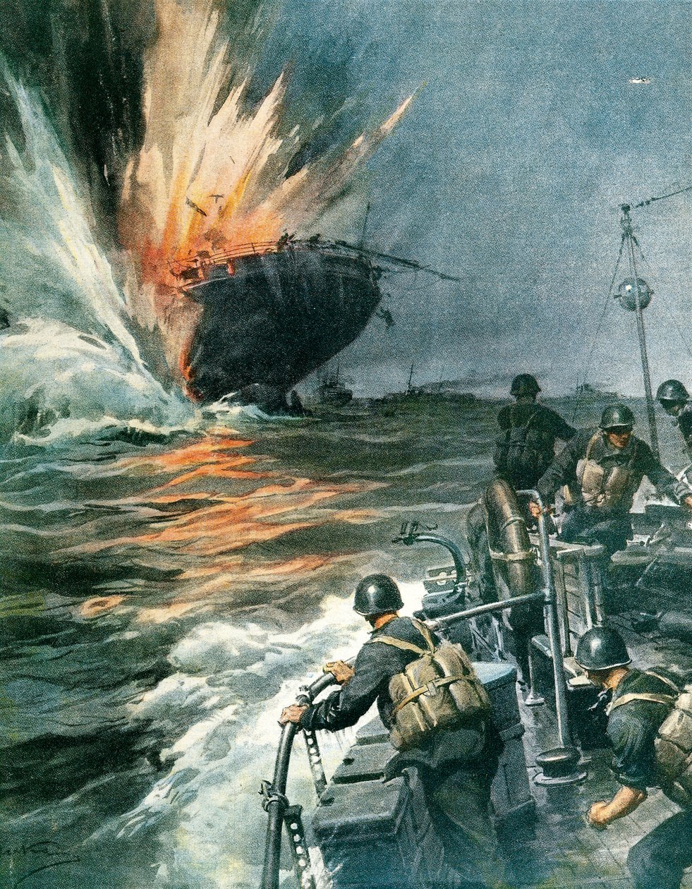 Britisk handelsskip senket av italienske MAS i Middelhavet 3. august av Achille Beltrame