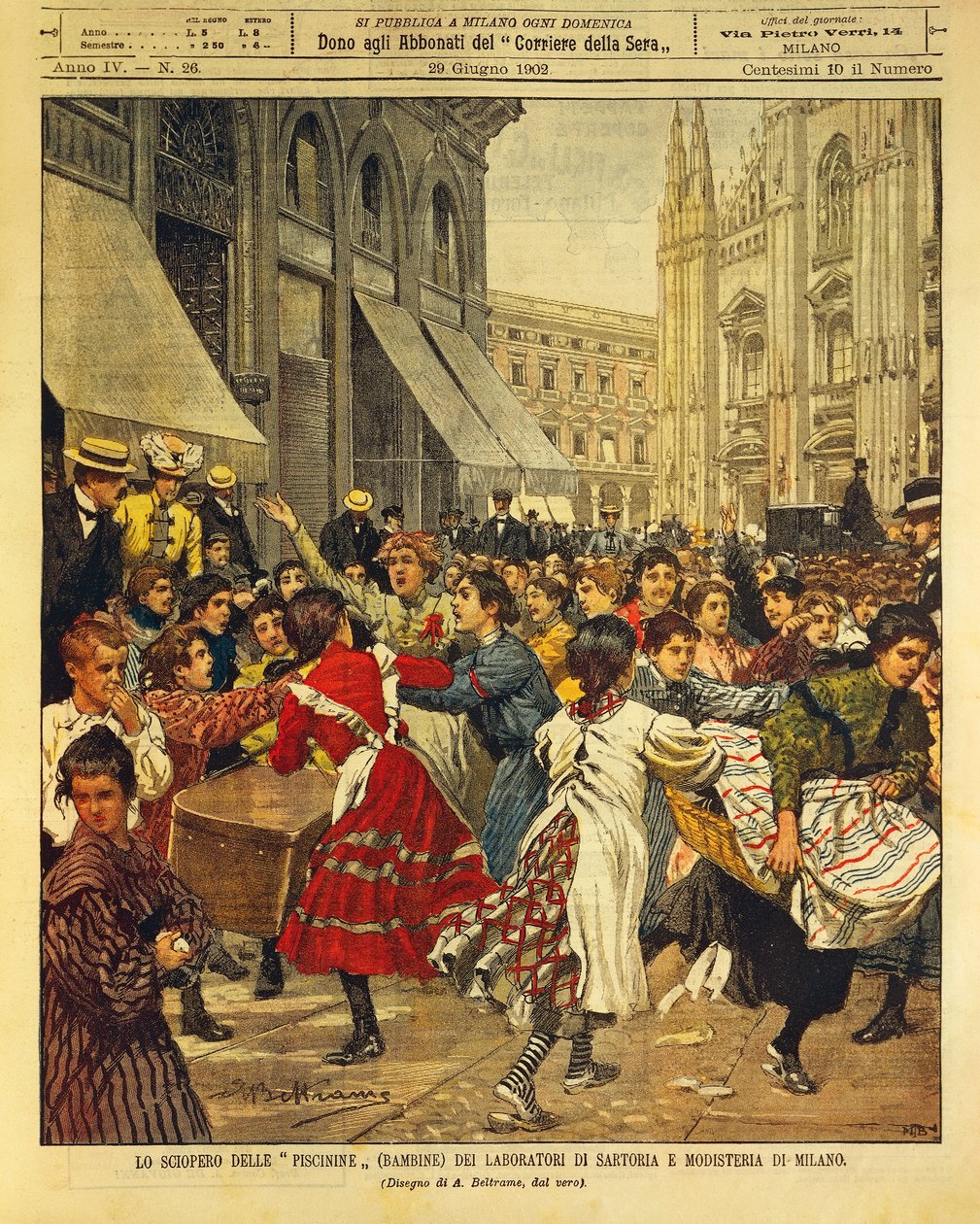 Barnestreik kjent som Piscinine i klesmakeri og mølleverksteder i Milano, av Achille Beltrame, illustrasjon, illustratør Achille Beltrame (1871-1945), fra La Domenica del Corriere, 29. juni 1902 av Achille Beltrame