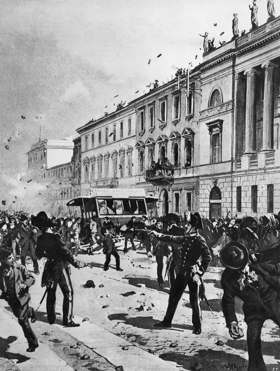 Sammenstøt mellom demonstranter og politi i Milano, Corso Venezia, foran Palazzo Saporiti, 7. mai av Achille Beltrame