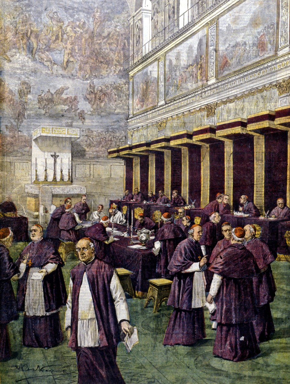 Konklave i Det sixtinske kapell for valget av den nye paven. Illustrasjon av Beltrame. Domenica del corriere. 1903. av Achille Beltrame
