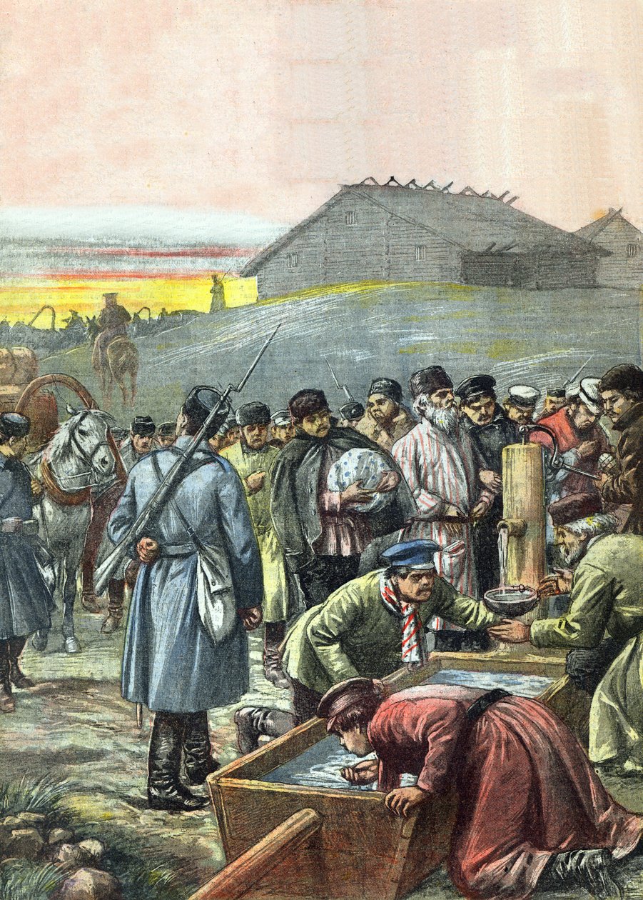 Konvoi av deporterte russiske politiske fanger på vei til eksil i Sibir, illustrasjon fra magasinet 