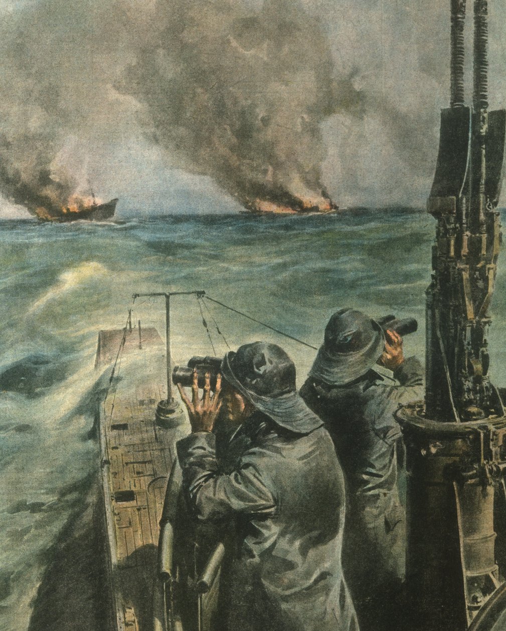 Forsideillustrasjon av anglo-amerikanske dampskip som ble torpedert utenfor kysten av Vest-Afrika under andre verdenskrig av Achille Beltrame