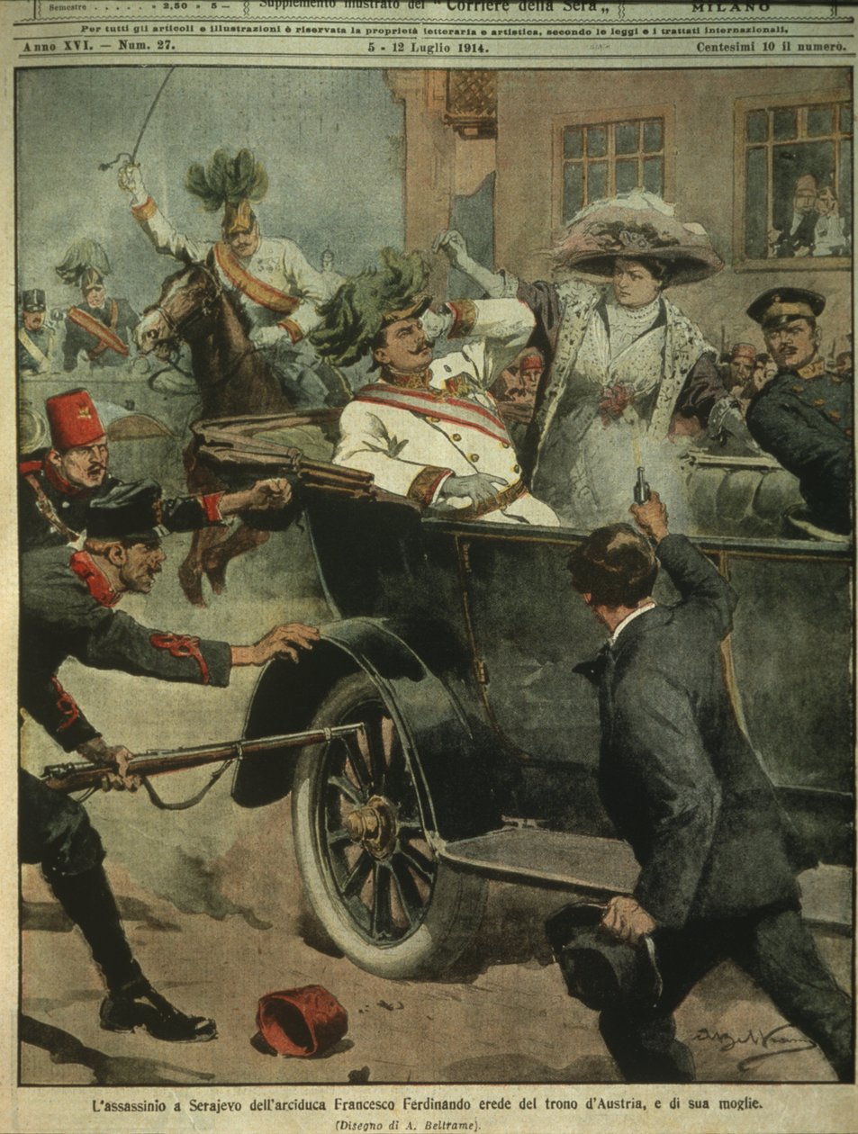Omslagsillustrasjon av attentatet på erkehertug Franz Ferdinand av Østerrike, arving til den østerriksk-ungarske tronen, Sarajevo av Achille Beltrame