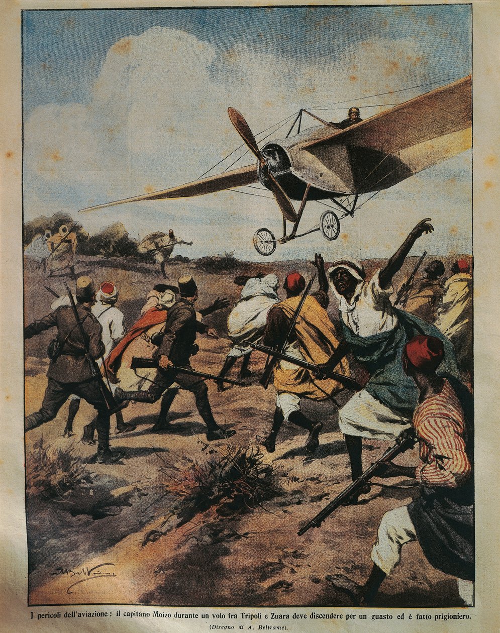 Forsideillustrasjon av kaptein Moizo som forsøkte en krasjlanding under den afrikanske kampanjen, av Achille Beltrame (1871-1945), fra La Domenica del Corriere, 22. september 1912 av Achille Beltrame