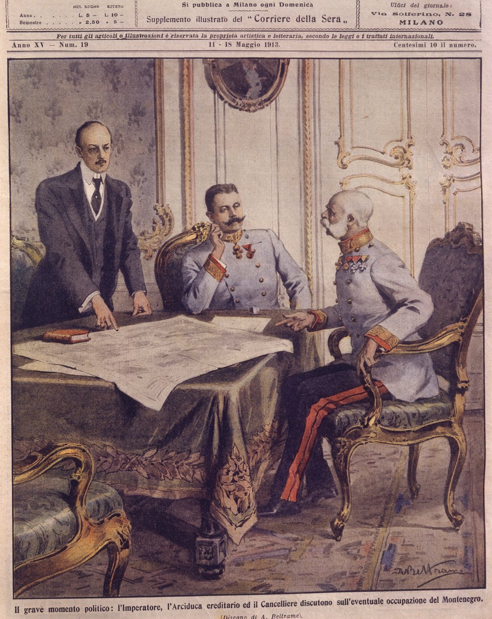 Forsideillustrasjon av keiseren av Østerrike som diskuterer mulig okkupasjon av Montenegro av Achille Beltrame