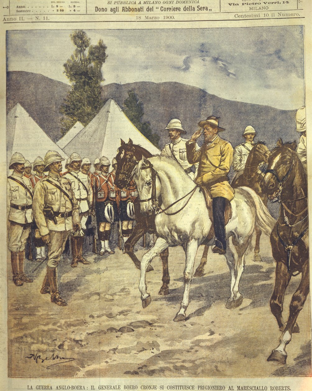 Forsideillustrasjon av general Cronje som overga seg til marskalk Roberts under Anglo-Zulu og Anglo-Boer Wars 1850-1902 av Achille Beltrame