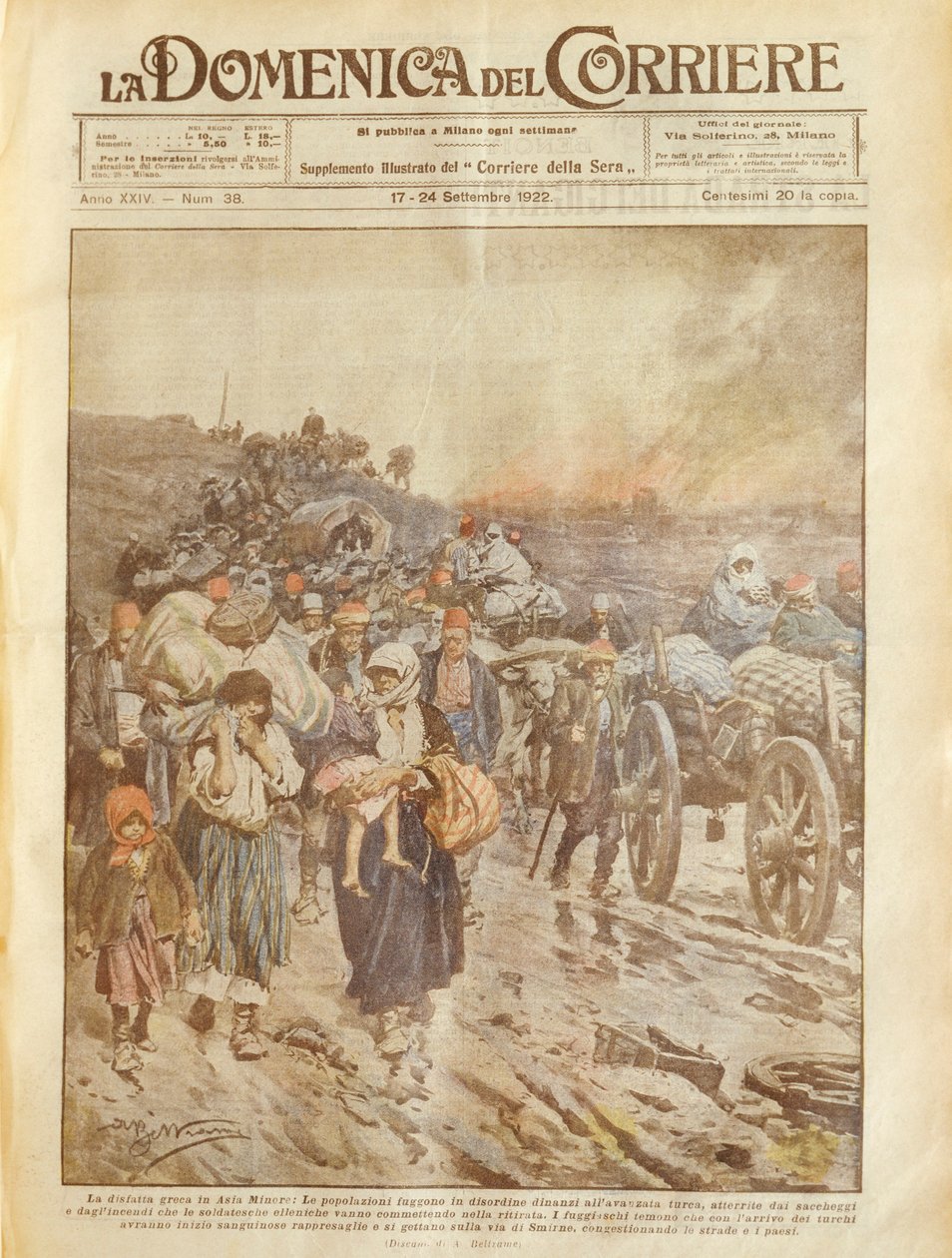 Forsideillustrasjon av gresk nederlag i Lilleasia av Achille Beltrame