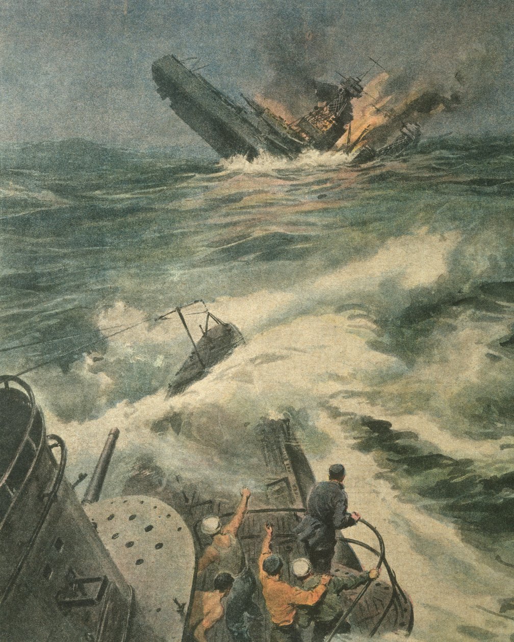 Forsideillustrasjon av amerikansk slagskip i Maryland-klassen som ble senket av den italienske ubåten Barbarigo i Atlanterhavet, under andre verdenskrig av Achille Beltrame