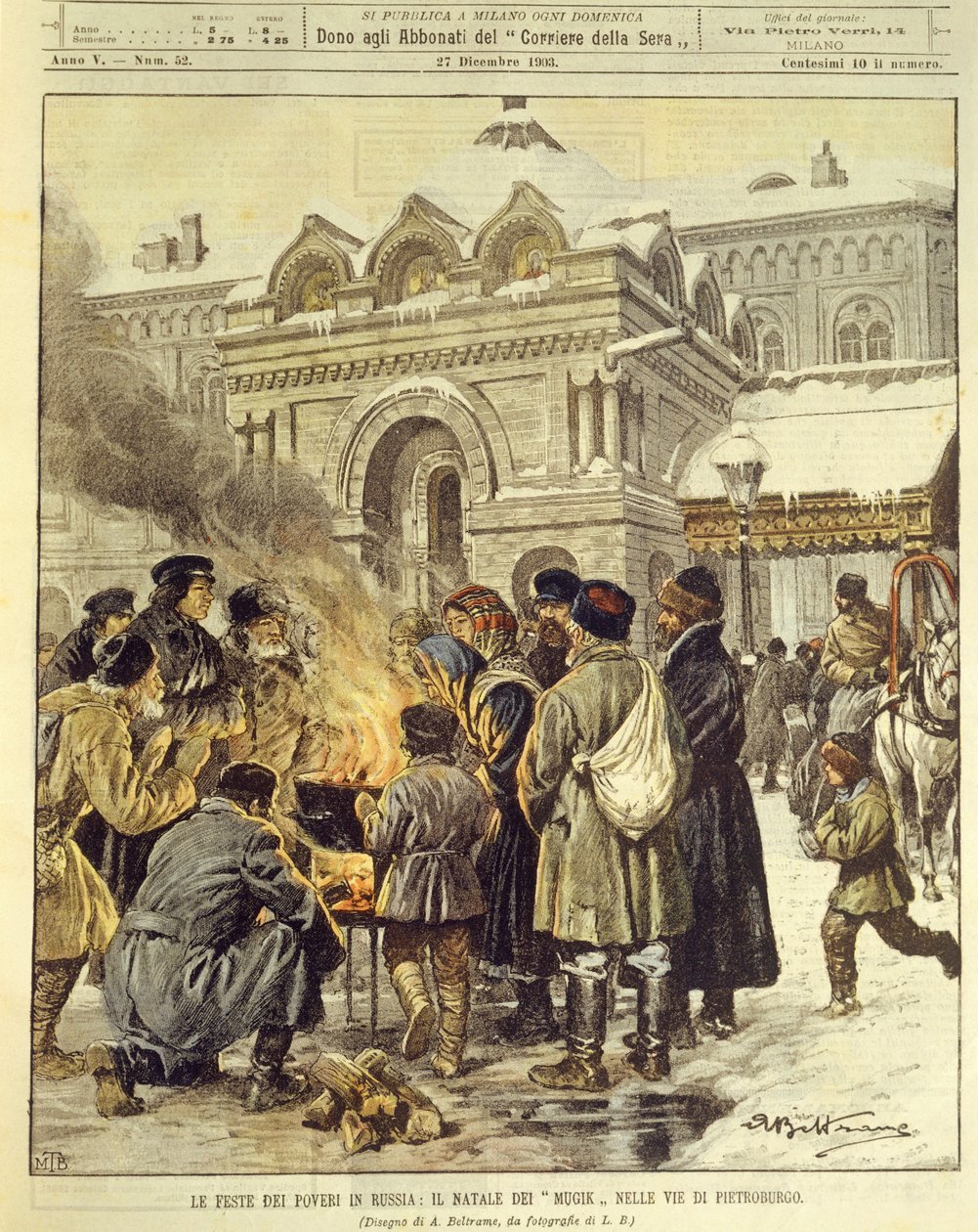 Forsideillustrasjon av Mujiks som feirer jul i gatene i Saint Petersburg Russland av Achille Beltrame