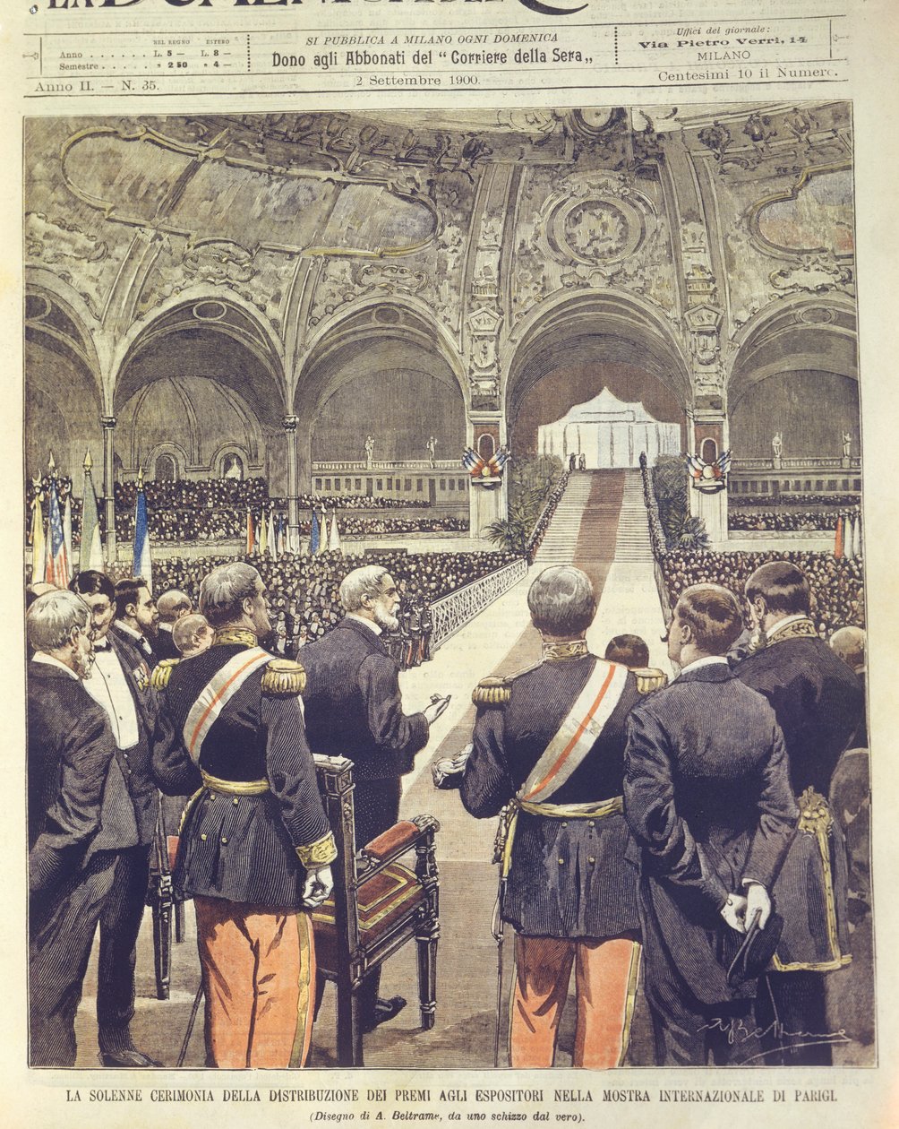 Omslagsillustrasjon av høytidelig seremoni for utdeling av priser på verdensutstillingen i 1900 i Paris, Frankrike av Achille Beltrame