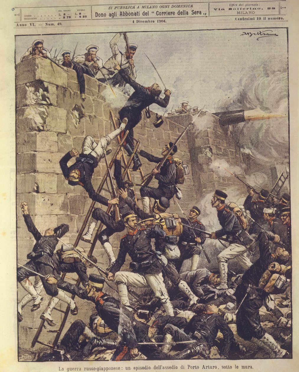 Omslagsillustrasjon av beleiringen av Port Arthur i Kina under den russisk-japanske krigen 1904-1905 av Achille Beltrame