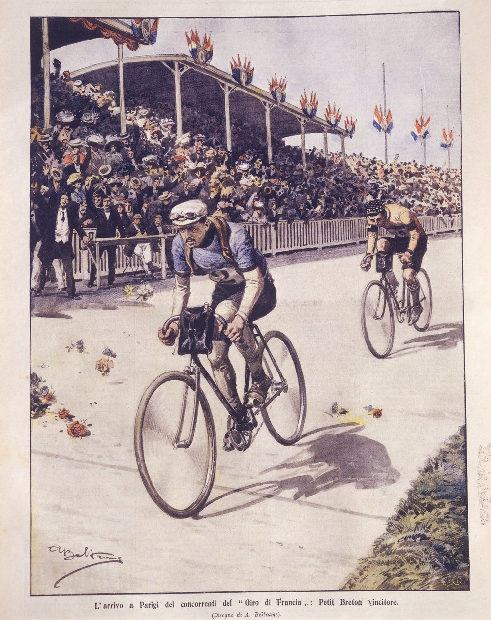 Forsideillustrasjon av Tour de France-rytternes ankomst, med Petit-Breton-vinneren; Paris, Frankrike av Achille Beltrame