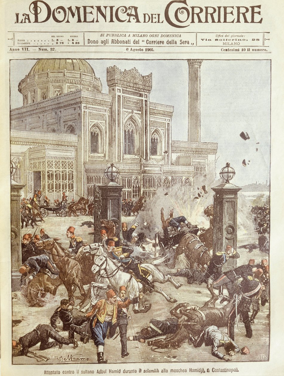 Forsideillustrasjon av attentatforsøk mot Sultan Abdul Hamid i Konstantinopel av Achille Beltrame