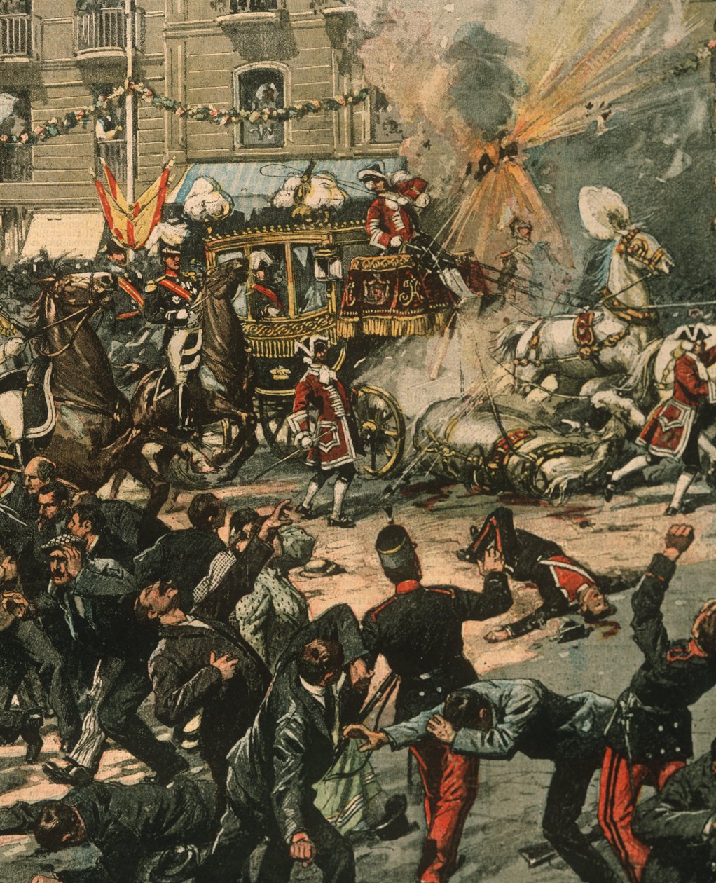 Forsideillustrasjon av attentatforsøk på kong Alfonso XIII på bryllupsdagen hans, 31. mai 1906, Madrid, Spania av Achille Beltrame