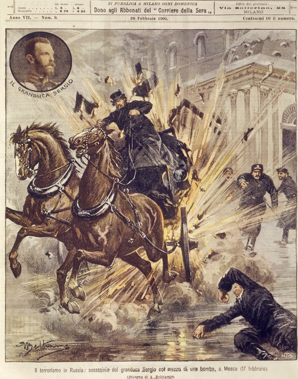 Forsideillustrasjon av attentatet på storhertug Sergei Alexandrovich Romanov av terrorbombe i Moskva, Russland av Achille Beltrame