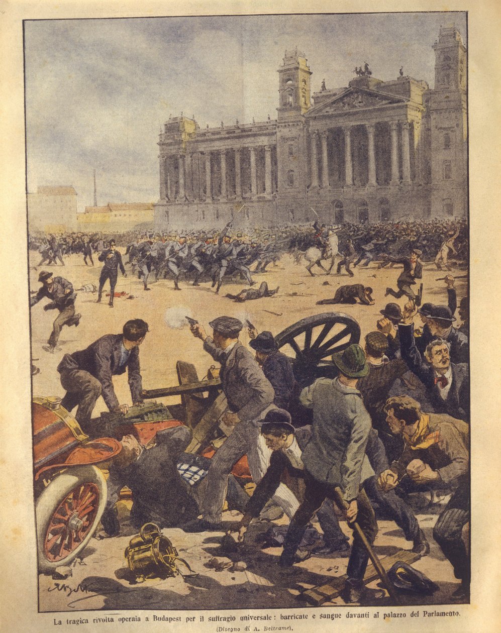 Forsideillustrasjon av kamphandlinger på Parliament Square under Budapest-opprøret av Achille Beltrame