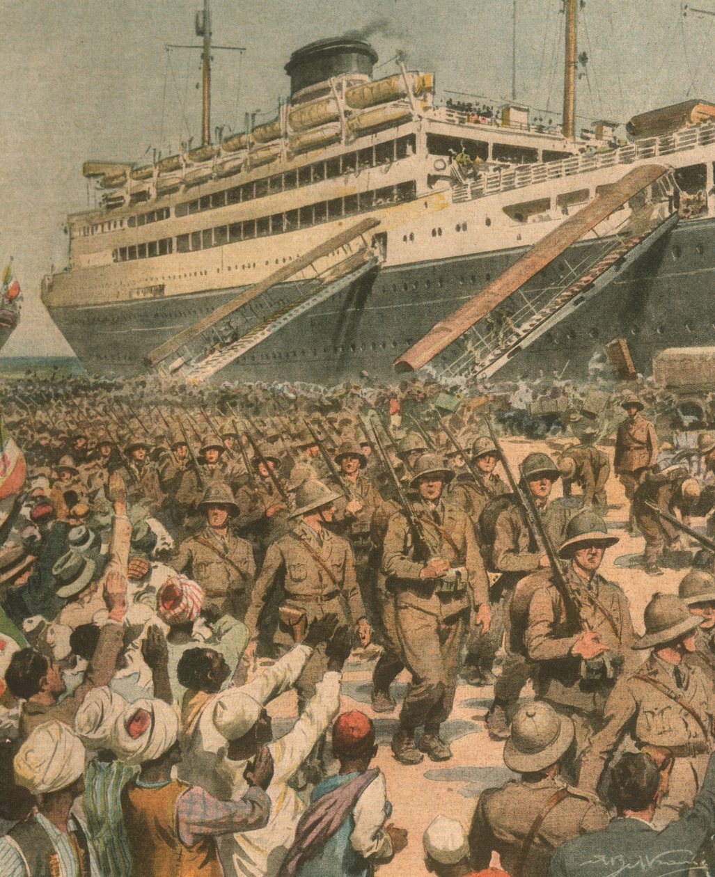 Forsideillustrasjon av landing av italienske tropper i Øst-Afrika av Achille Beltrame
