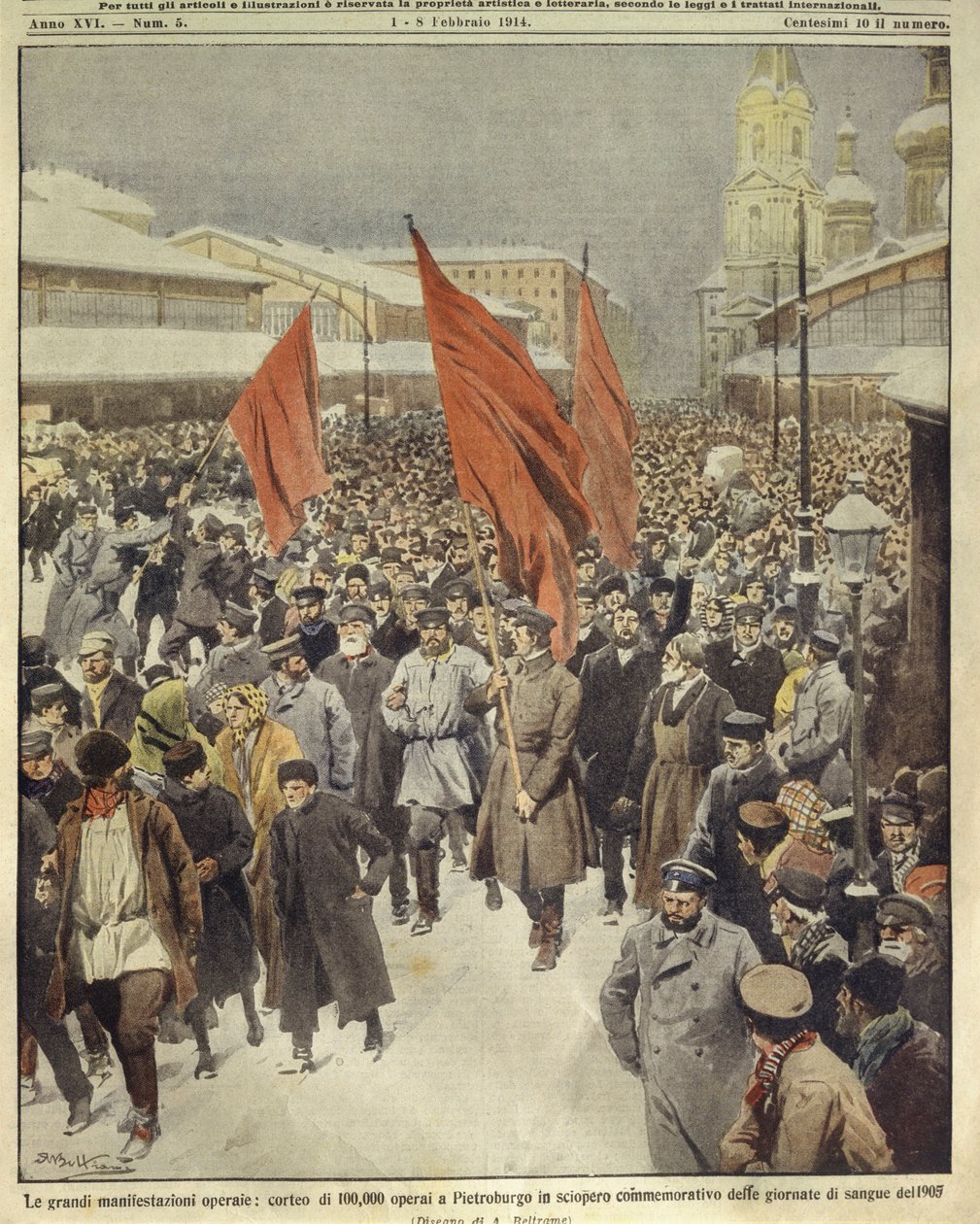 Forsideillustrasjon av hundre tusen arbeidere som marsjerer for å minnes den blodige søndagen i 1905; Sankt Petersburg, Russland av Achille Beltrame