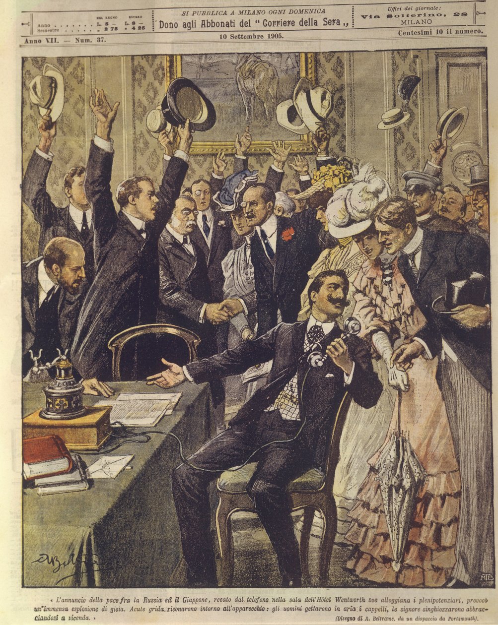 Forsideillustrasjon av mennesker som feirer kunngjøringen av fredsavtalen mellom Russland og Japan, under den russisk-japanske krigen 1904-1905 av Achille Beltrame