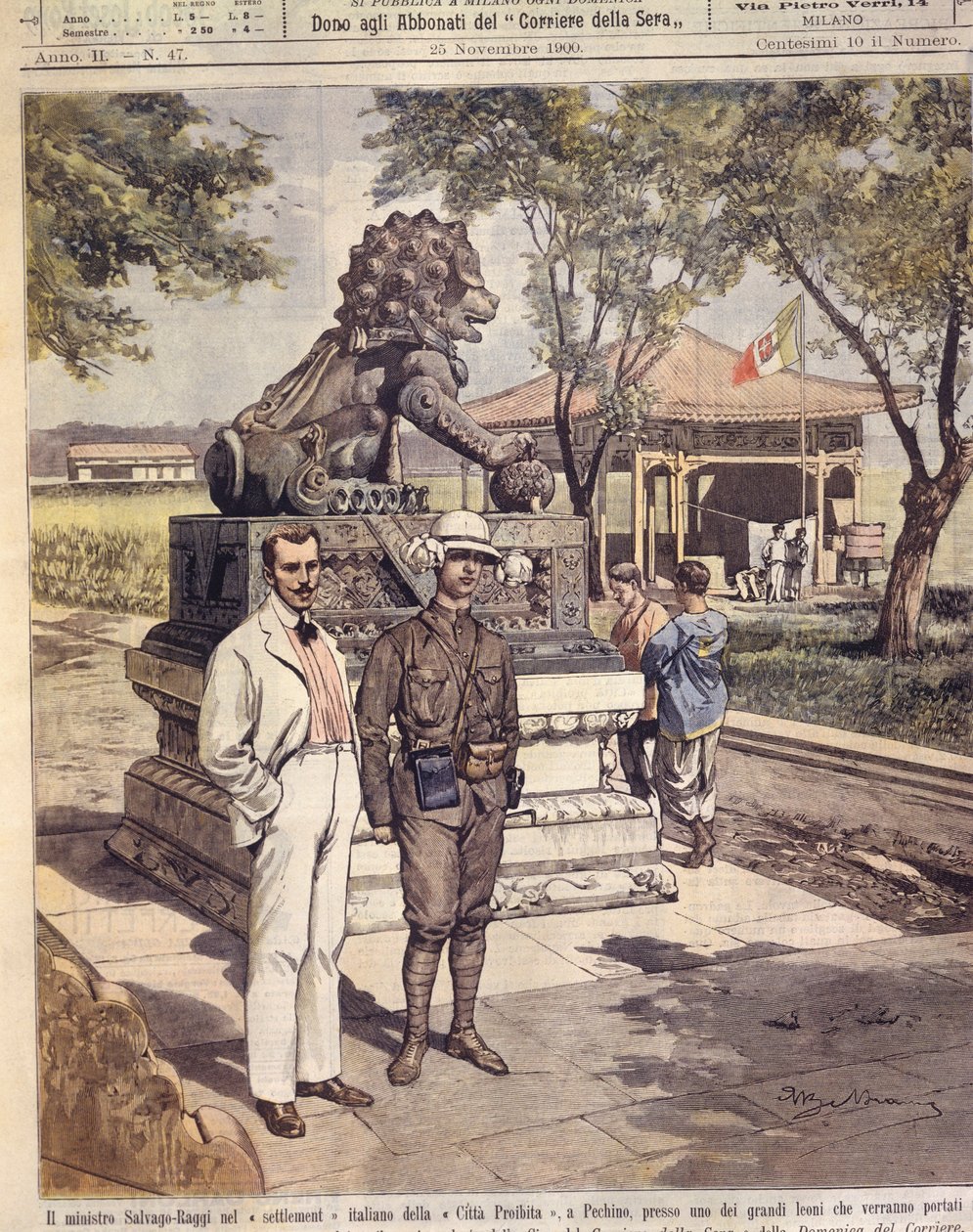 Forsideillustrasjon av turister ved Den forbudte by; Peking, Kina av Achille Beltrame
