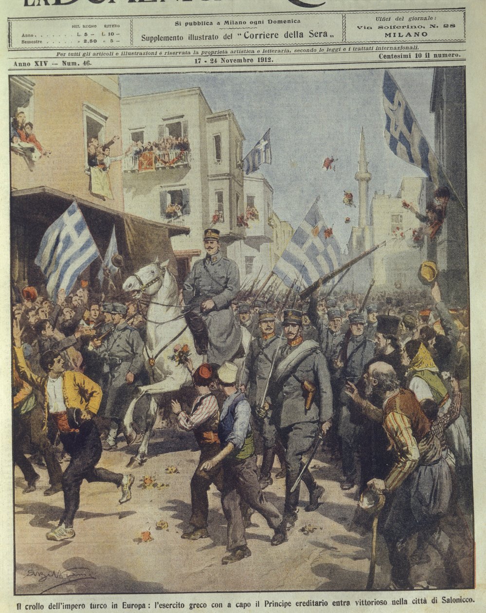 Forsideillustrasjon av seirende gresk hær som går inn i Thessaloniki under det tyrkiske imperiets undergang av Achille Beltrame