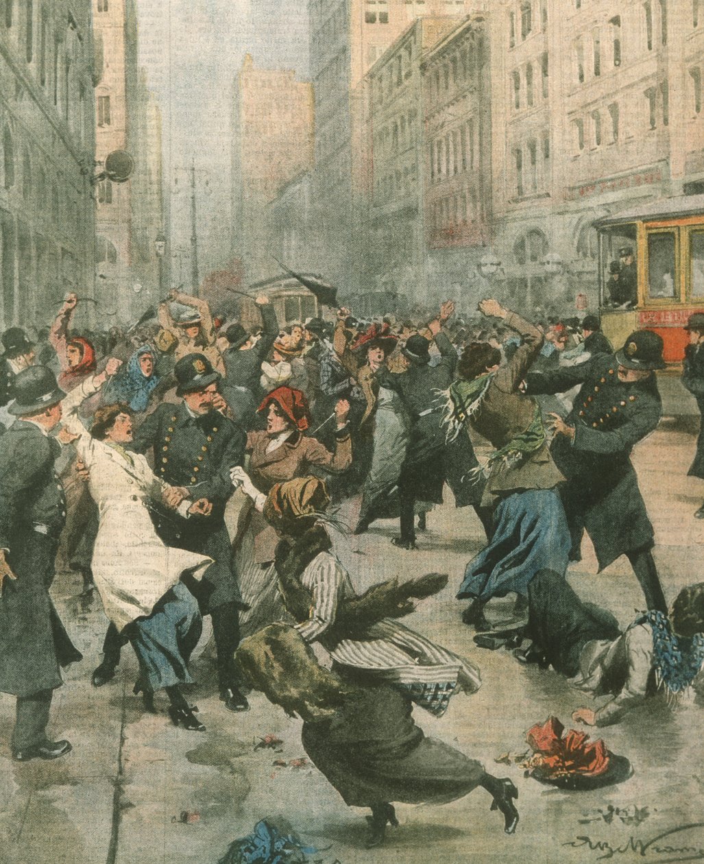 Forsideillustrasjon av kvinner som protesterer mot arbeidsledighet på gaten; New York, USA av Achille Beltrame