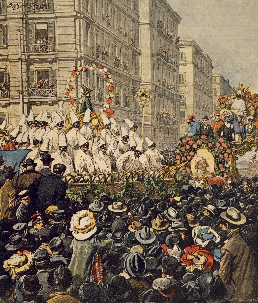 Folkemengder under karneval i Napoli, av Achille Beltrame, illustrasjon, illustratør Achille Beltrame (1871-1945), fra La Domenica del Corriere, 31. januar 1904 av Achille Beltrame